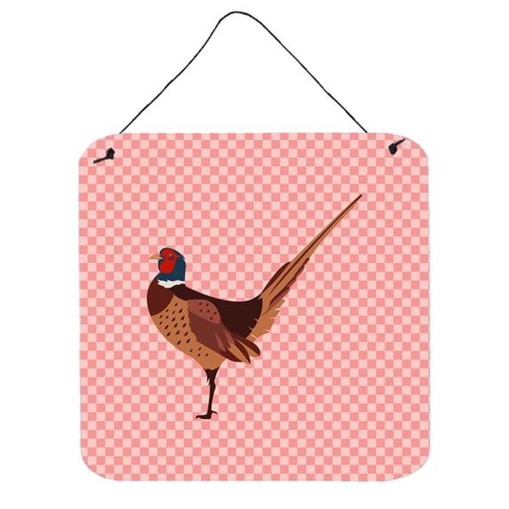 Ring-necked Common Pheasant Pink Check Wall or Door Hanging Prints, 6 x 6 in.