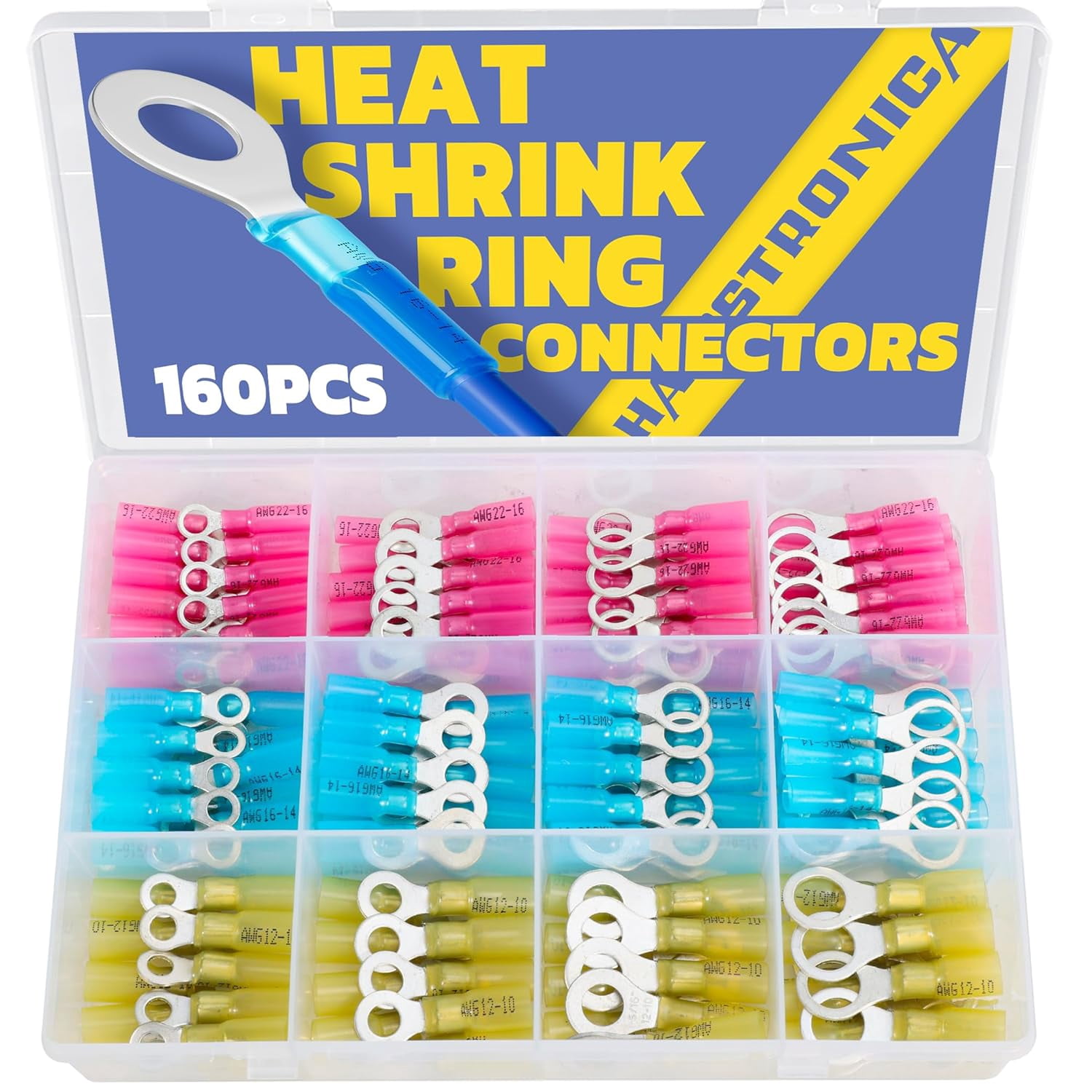 Ring terminals, 160 marine grade heat shrink ring connectors - wire connectors tin-plated red copper #10, 1/4