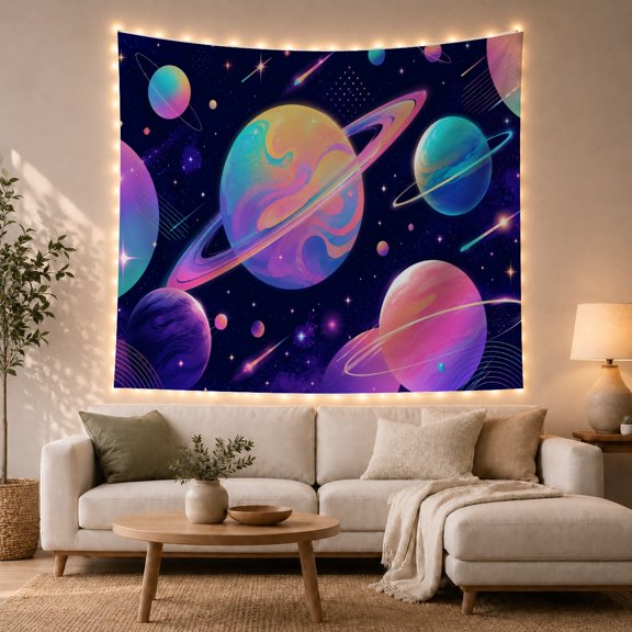 Ringed Planet in Nebula Clouds with Gradient Worlds, Energetic Retro for Space Enthusiasts, Celestial Galaxy Wall Decor, Back to School Gift, Tapestry Wall Hanging for Dorm and Bedroom