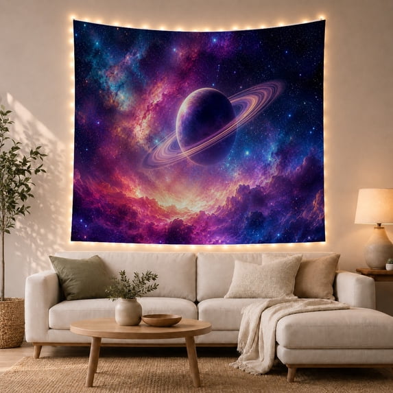 Ringed Purple Planet Above a Radiant Nebula, Mystical Digital Art for Space Lovers, Planet Wall Art, Housewarming Gift, Tapestry Wall Hanging for Bedroom and Gaming Room