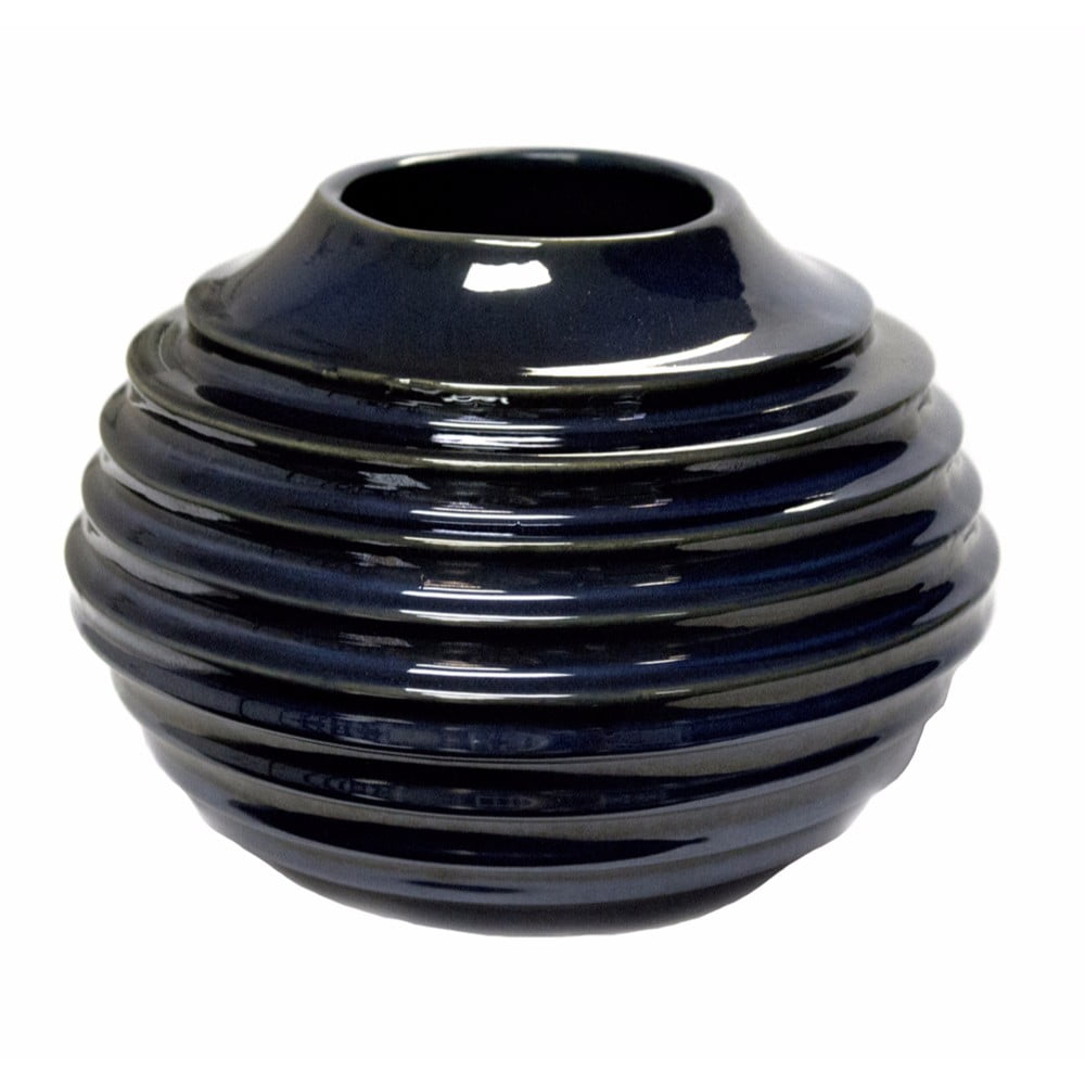Ringed Stout Ceramic Vase, Blue