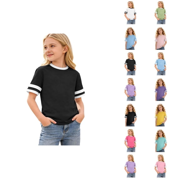 Ringer Tee Kids Crewneck Short Sleeve Girls Shirts Fashion Casual Basic Tops 3-13 Years