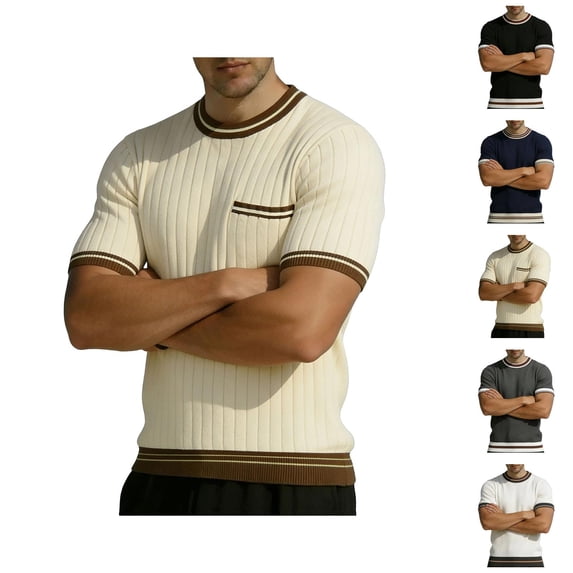 Ringer Tee Men Summer Fashion Ribbed Knit Crew Neck Short Sleeve Mens T-Shirts Casual Tops