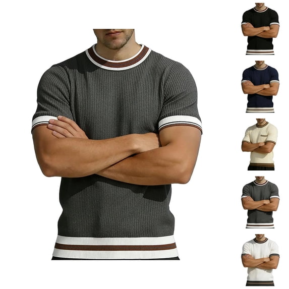 Ringer Tee Men Summer Fashion Ribbed Knit Crew Neck Short Sleeve Mens T-Shirts Casual Tops