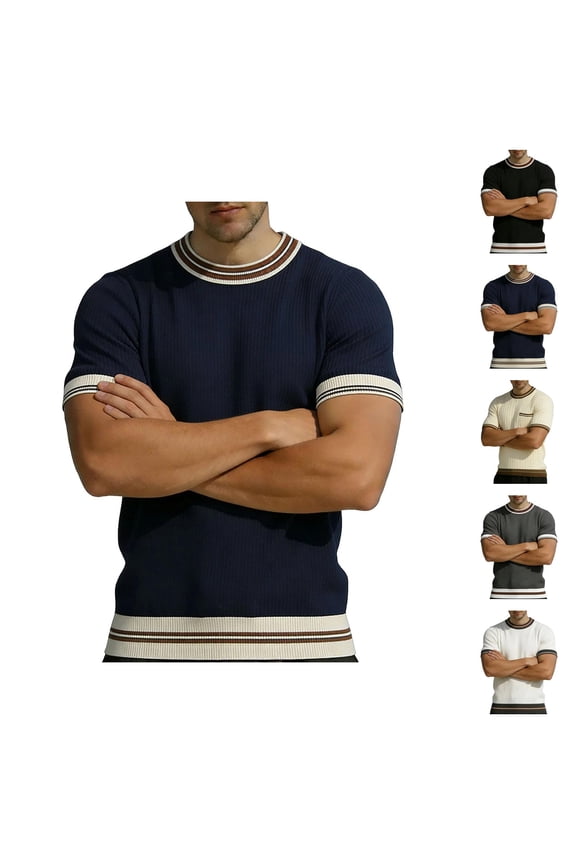 Ringer Tee Men Summer Fashion Ribbed Knit Crew Neck Short Sleeve Mens T-Shirts Casual Tops