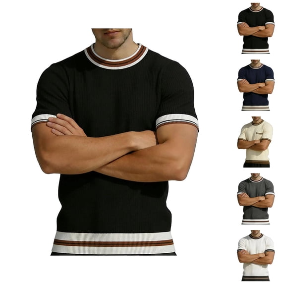 Ringer Tee Men Summer Fashion Ribbed Knit Crew Neck Short Sleeve Mens T-Shirts Casual Tops