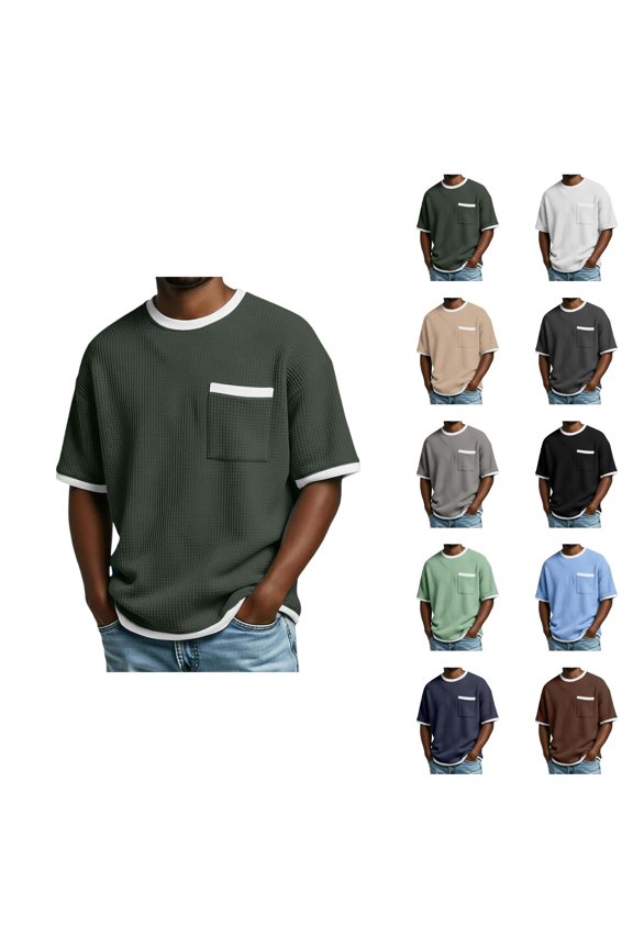 Ringer Tee Men with Pocket Summer Fashion Casual Waffle Weave Crew Neck Short Sleeve Mens T-Shirts Dress Shirts
