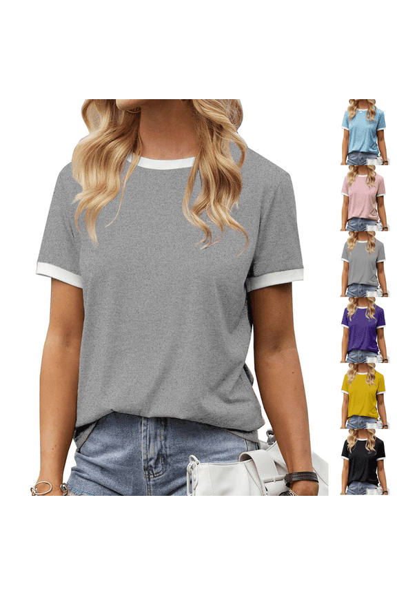 Ringer Tee Women Crew Neck Color Block Basic Summer Casual Short Sleeve T Shirt Gray 2XL