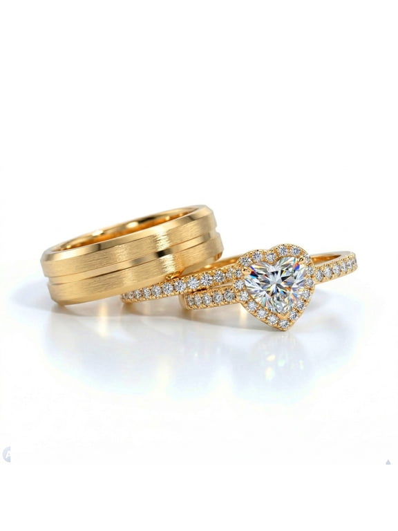 Couple Rings 1CT Heart AAA CZ Yellow Gold Plated Women Wedding Ring Sets for Him and Her Rings