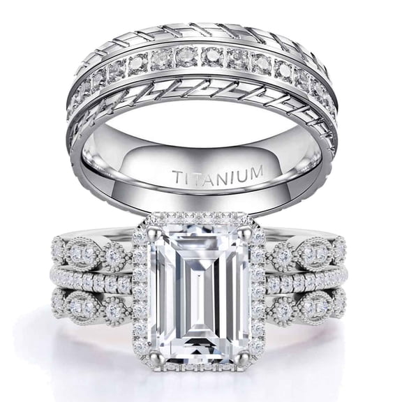 Ringheart Couple Rings 4pcs Matching Rings 1ct AAA CZ White Gold Plated Women Wedding Ring Sets for Him and Her