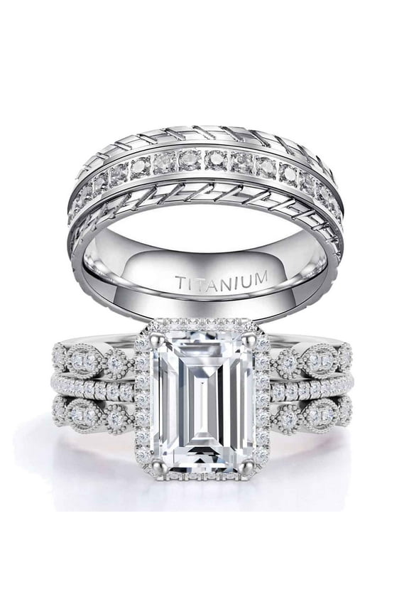 Couple Rings 4pcs Matching Rings 1ct AAA CZ White Gold Plated Women Wedding Ring Sets for Him and Her