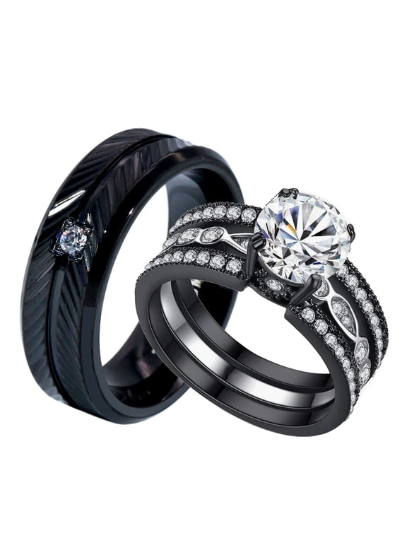 Couple Rings Black Matching Rings 1.5CT AAA CZ 2pcs Women Wedding Ring Sets for Him and Her Rings Men Band