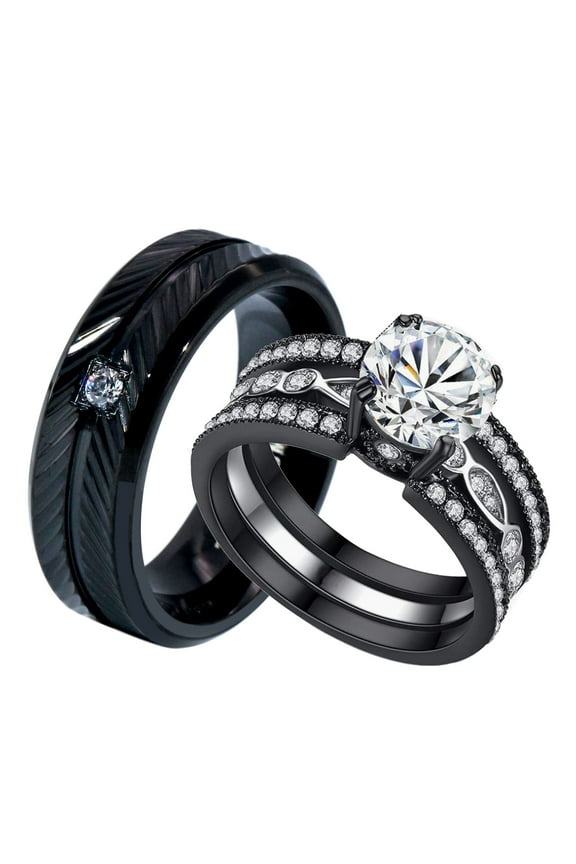 Couple Rings Black Matching Rings 1.5CT AAA CZ 2pcs Women Wedding Ring Sets for Him and Her Rings Men Band