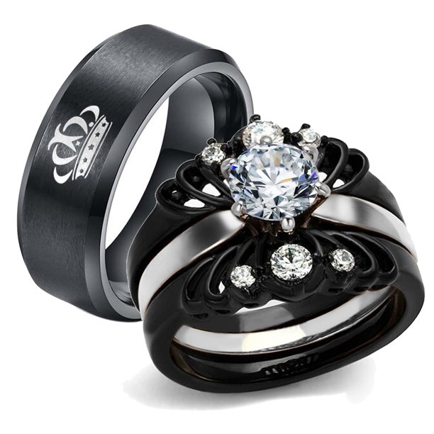 Ringheart Couple Rings Black Matching Rings Crown Ring Women Wedding