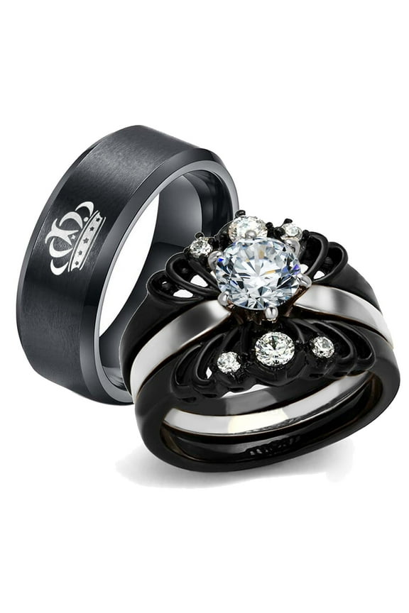 Couple Rings Black Matching Rings Crown Ring Women Wedding Ring Sets for Him and Her