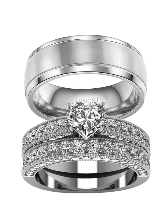 Couple Rings Heart 1.5ct CZ White Gold Plated Women Wedding Ring Sets for Him and Her Rings Tungsten steel Men Ring