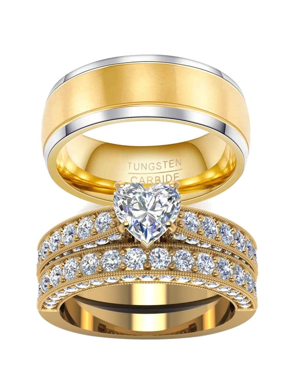 Couple Rings Heart 1.5ct CZ Yellow Gold Plated Women Wedding Ring Sets for Him and Her Rings Tungsten steel Men Ring