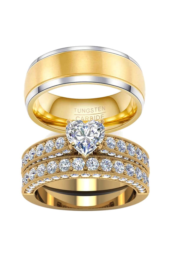 Couple Rings Heart 1.5ct CZ Yellow Gold Plated Women Wedding Ring Sets for Him and Her Rings Tungsten steel Men Ring