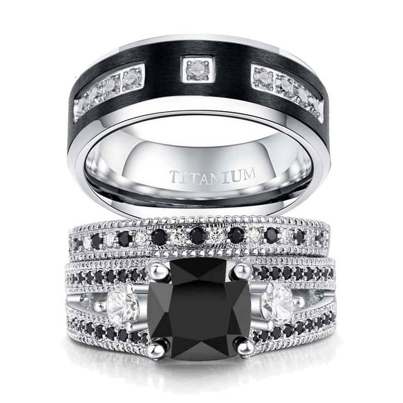 Couple Rings Matching Ring Black 1CT CZ White Gold Plated Women Wedding Ring Sets for Him and Her Rings