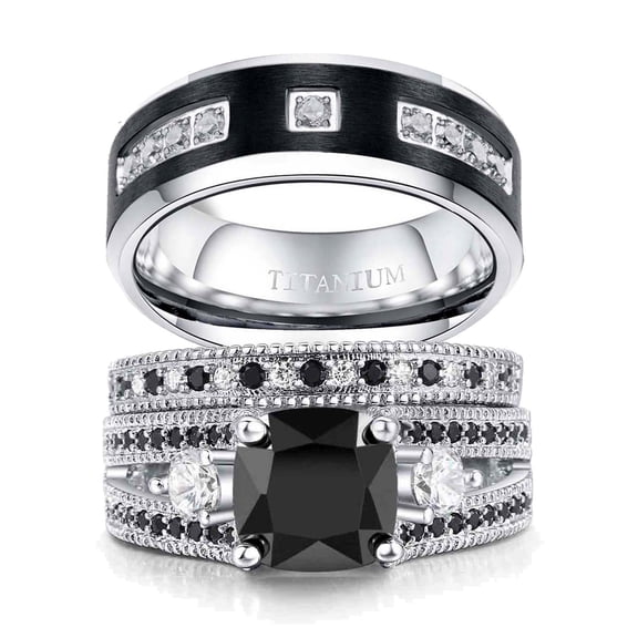 Ringheart Couple Rings Matching Ring Black 1CT CZ White Gold Plated Women Wedding Ring Sets for Him and Her Rings