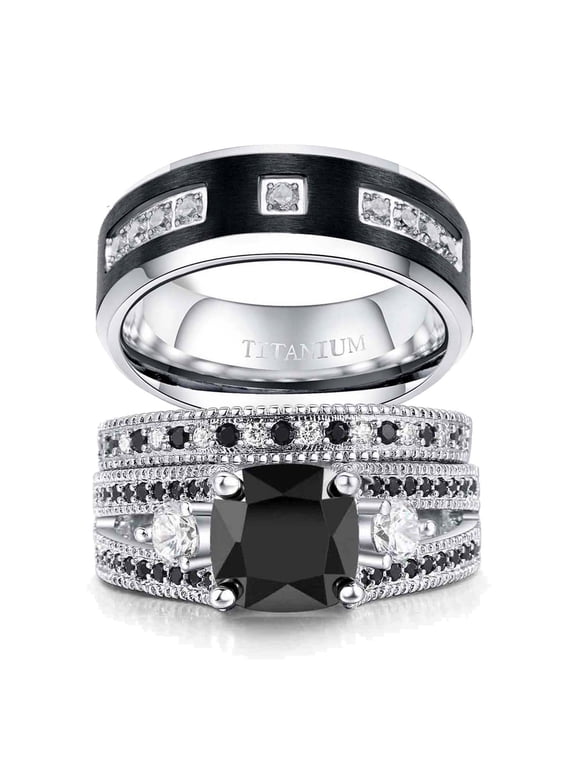 Couple Rings Matching Ring Black 1CT CZ White Gold Plated Women Wedding Ring Sets for Him and Her Rings