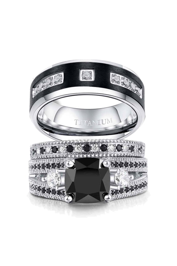 Couple Rings Matching Ring Black 1CT CZ White Gold Plated Women Wedding Ring Sets for Him and Her Rings