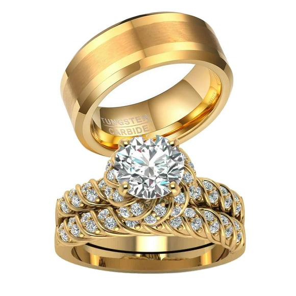 Couple Rings Matching Ring CZ Yellow Gold Plated Women Wedding Ring Sets for Him and Her Rings