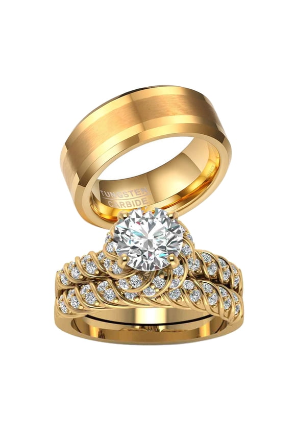 Couple Rings Matching Ring CZ Yellow Gold Plated Women Wedding Ring Sets for Him and Her Rings