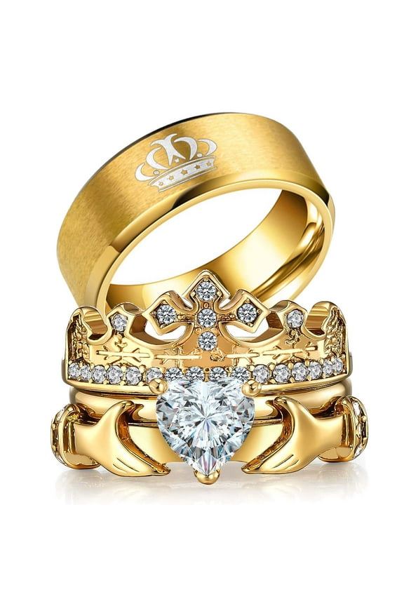 Couple Rings Matching Ring Claddagh Ring Yellow Gold Plated Women Wedding Ring Sets for Him and Her