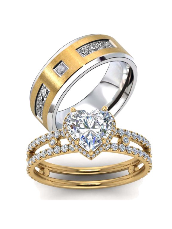 Couple Rings Matching Ring Heart 1.5ct CZ Yellow Gold Plated Women Wedding Ring Sets for Him and Her Rings