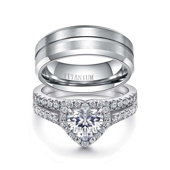 Couple Rings Matching Ring Heart AAA CZ White Gold Plated Women Wedding Ring Sets for Him and Her Rings