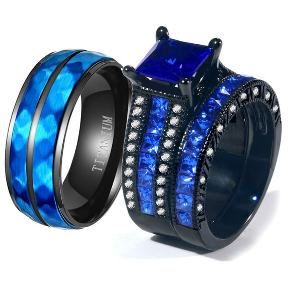Ringheart Couple Rings Matching Rings 1.5ct Blue CZ Womens Wedding Ring Sets Wedding Bands
