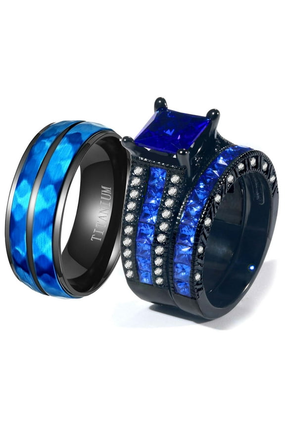 Couple Rings Matching Rings 1.5ct Blue CZ Womens Wedding Ring Sets Wedding Bands
