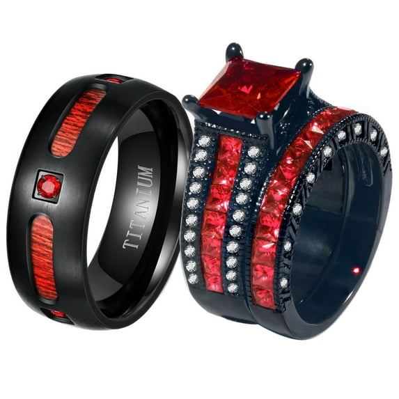 Ringheart Couple Rings Matching Rings 1.5ct Red CZ Womens Wedding Ring Sets Wedding Bands