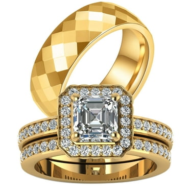Ringheart Couple Rings Matching Rings Yellow Gold Plated 1CT AAA CZ 2pcs Women Wedding Ring Sets for Him and Her Rings Men Band