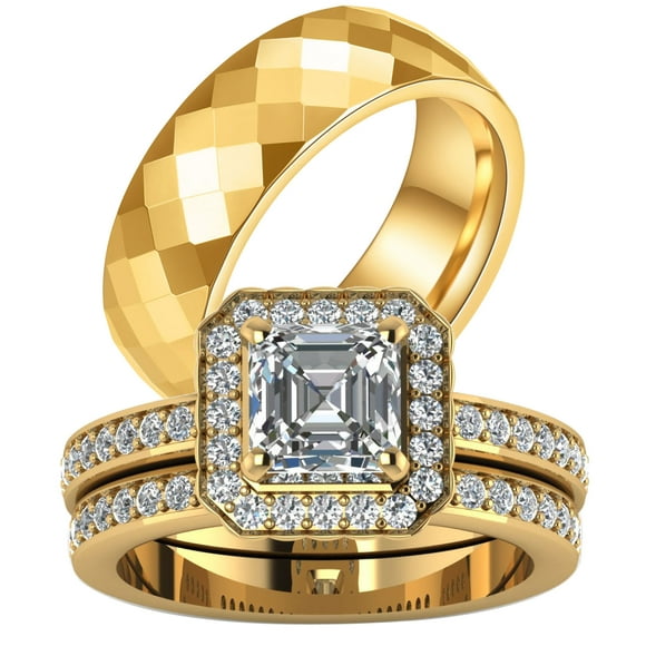 Couple Rings Matching Rings Yellow Gold Plated 1CT AAA CZ 2pcs Women Wedding Ring Sets for Him and Her Rings Men Band