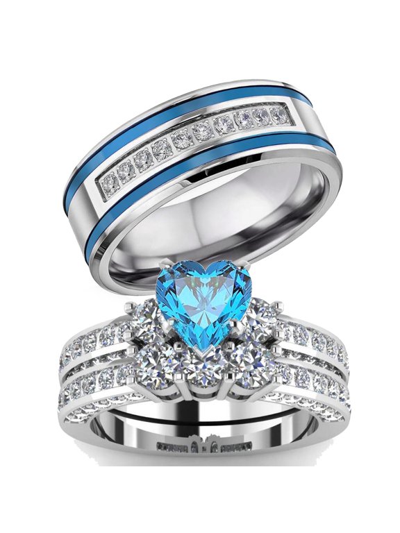 Couple Rings White Gold Plated 925 Sterling Silver Ring 1CT Heart CZ Women Wedding Ring Sets Men Titanium Steel Ring