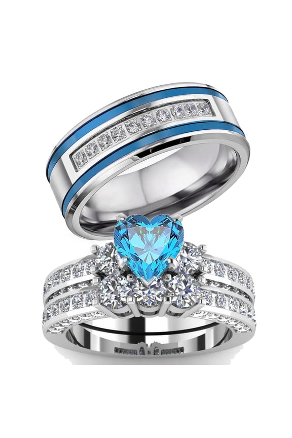 Couple Rings White Gold Plated 925 Sterling Silver Ring 1CT Heart CZ Women Wedding Ring Sets Men Titanium Steel Ring