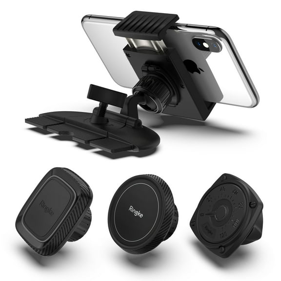 Ringke 2 in 1 CD Slot Car Mount for Smartphone, Tablet Other Handheld Devices Premium Adjustable Universal Phone Grip Strong Magnet Clip Holder - Black