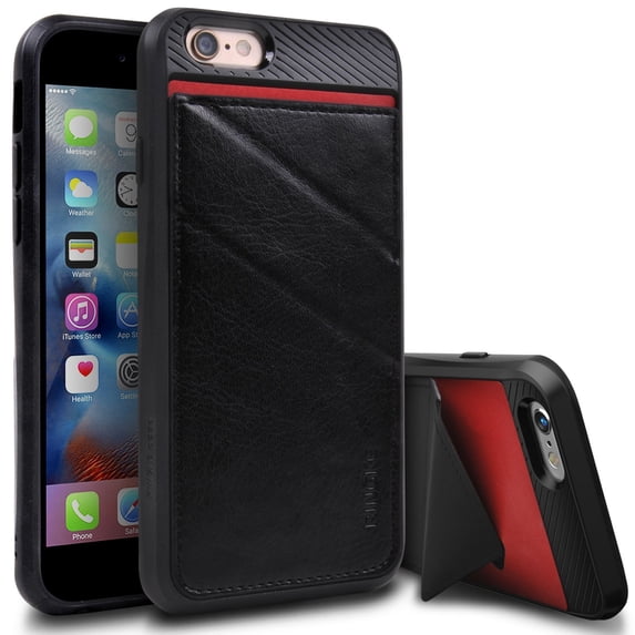 Ringke Edge Case Compatible with iPhone 6s, Wallet Folding Kickstand PU Leather Cover with Hidden Card Holder - Black