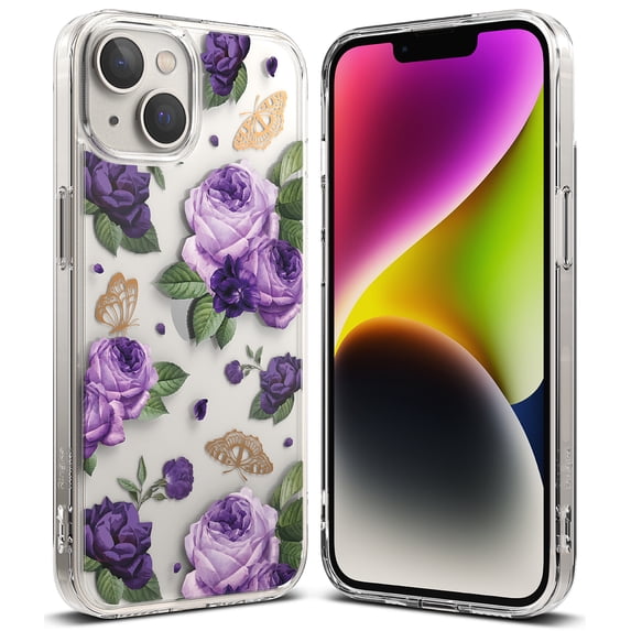 Ringke Fusion Design Compatible with iPhone 14 Plus Case, Transparent 3D Print Design Hard Back with Shockproof Clear Bumper Cover - Purple Rose