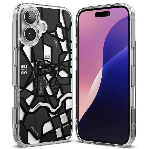 Ringke Fusion Design for iPhone 16 Case, Unique 3D Pattern Hard Back Shockproof TPU Bumper Shell Phone Cover - Seoul Map Black