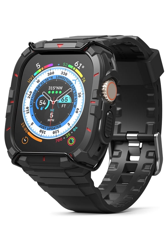 Fusion-X [Watch Band + Case] Compatible with Apple Watch 49mm Case (2022), Shockproof Rugged Watch Body Wire Guard Cover with Color Index - Black & Red