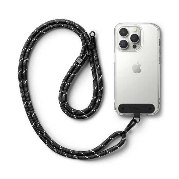 Ringke Holder Link Black Strap [Strap + Phone Tether Tab] for Cell Phone Case, Adjustable Lanyard Strap with Anti-Tearing Technology Nylon Pads for Universal Smartphone - Black & White