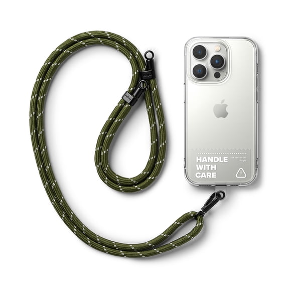 Ringke Holder Link Clear Strap [Strap + Phone Tether Tab] for Cell Phone Case, Adjustable Lanyard Strap with Anti-Tearing Technology Transparent Pads for Universal Smartphone - Khaki & White
