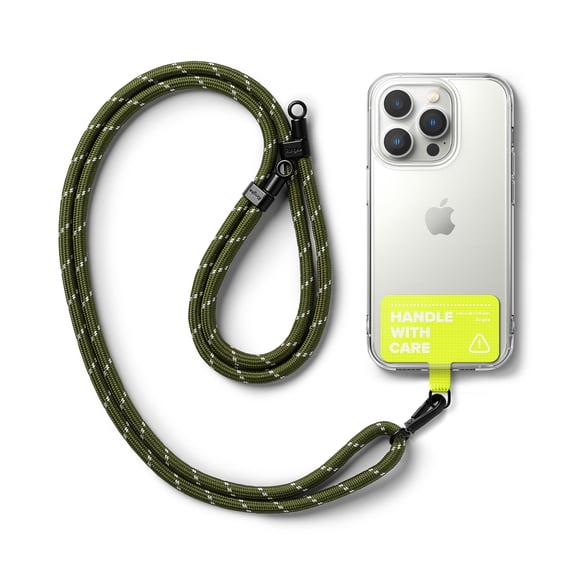 Ringke Holder Link Tarpaulin Neon Green Strap [Strap + Phone Tether Tab] for Cell Phone Case, Adjustable Lanyard Strap with Anti-Tearing Technology Pads for Universal Smartphone - Khaki & White