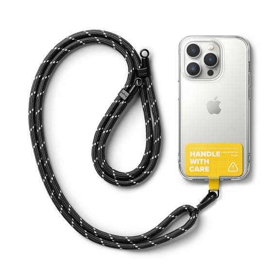 Ringke Holder Link Tarpaulin Yellow Strap [Strap + Phone Tether Tab] for Cell Phone Case, Adjustable Lanyard Strap with Anti-Tearing Technology Pads for Universal Smartphone - Black & White