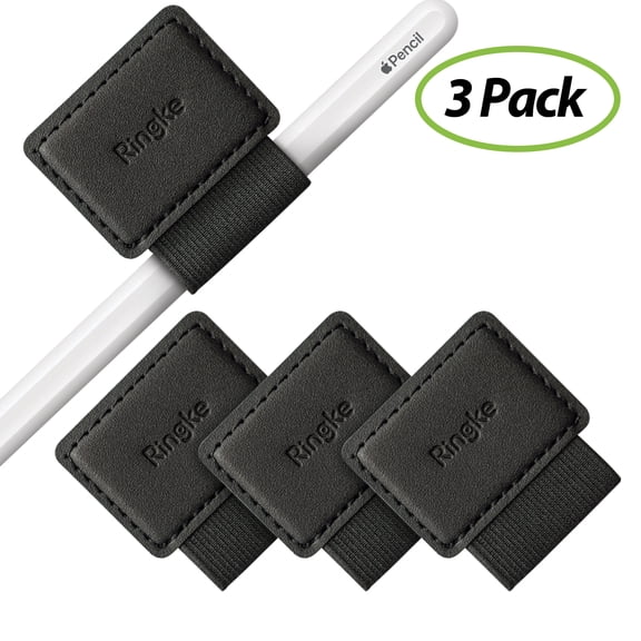 Ringke Pen Holder [3 Pack] for Apple Pencil, Journal, Notebooks, and More - 3M Self Adhesive PU Leather Durable Pen Loop with Elastic - Black