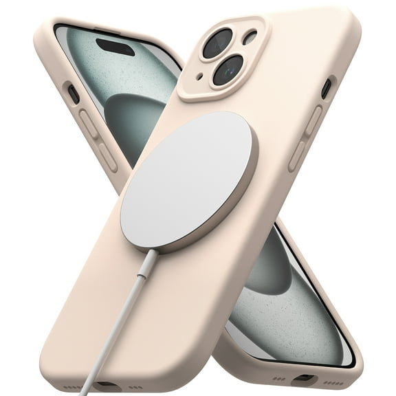 Ringke Silicone Magnetic [Compatible with MagSafe] Designed for iPhone 15 Case, Feels velvety Lightweight Slim Cute Soft Phone Cover for Women, Men - Pink Sand