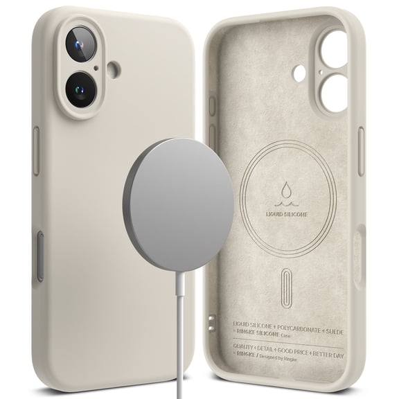 Ringke Silicone Magnetic for iPhone 16 Plus Case, Compatible with MagSafe Stain Resistant Lightweight Soft Touch Microfiber Inner Flexible Phone Cover - Stone